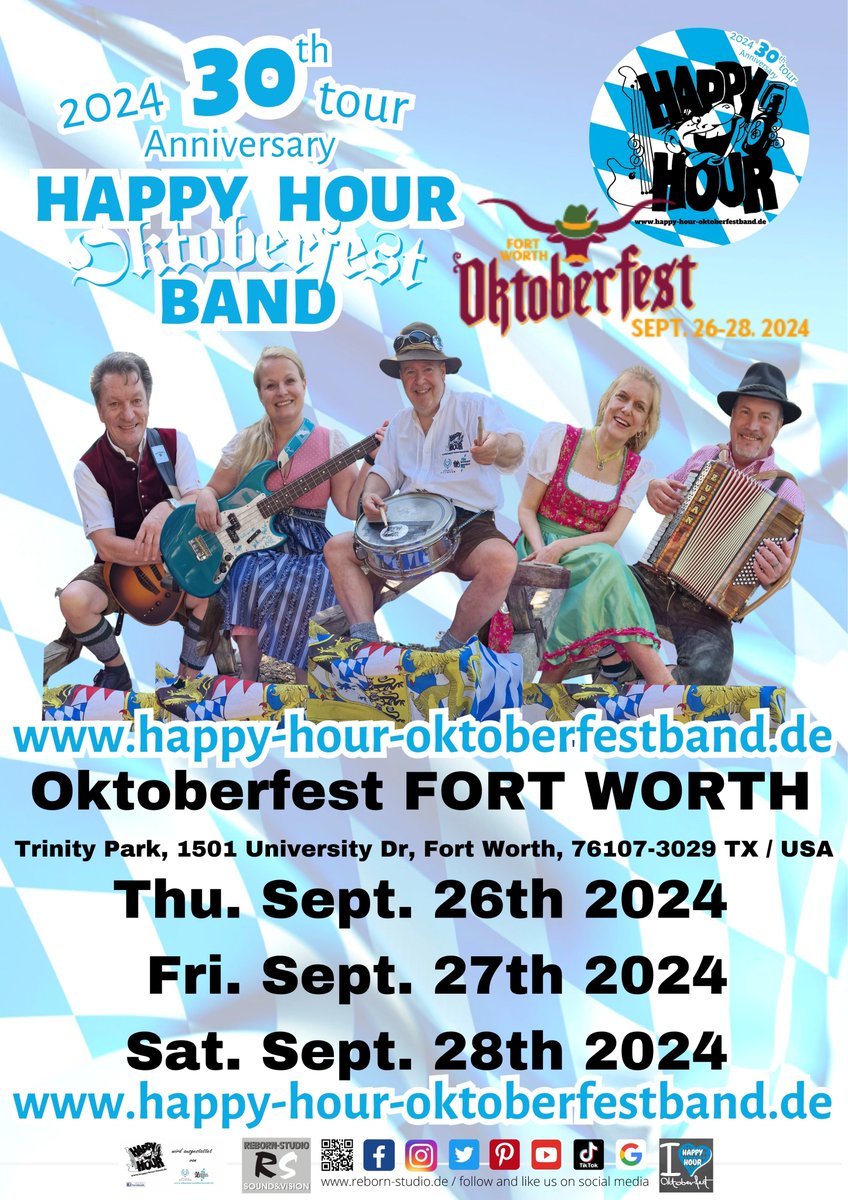 HAPPY HOUR OKTOBERFESTBAND live @ Fort Worth Oktoberfest OKTOBERFEST FORT WORTH 2024 / Texas / USA Trinity Park, 1501 University Dr, Fort Worth, 76107-3029 TX / USA Sept. 26th - Sept. 28th 2024 The 30th Anniversary Oktoberfest tour 2024 happy-hour-oktoberfestband.de