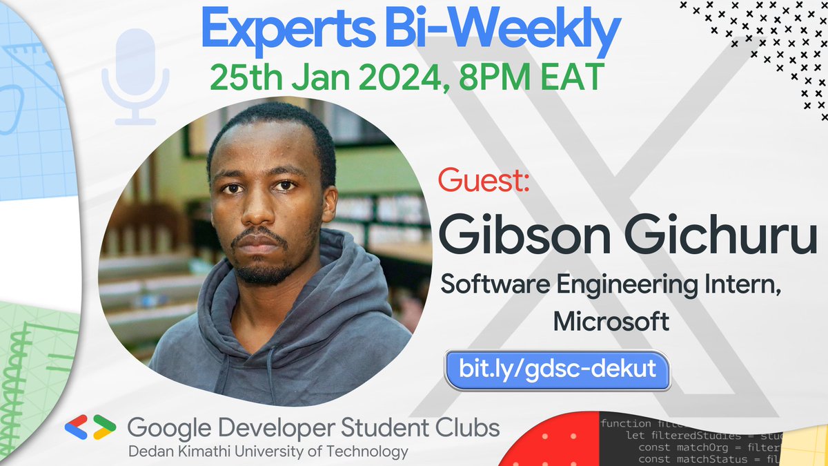 <a href="/gdsc_dekut/">GDG on Campus DeKUT #IOExtended</a> is thrilled to announce the launch of a bi-weekly program, Experts Bi-Weekly, a program is designed to bring together industry experts from the tech world to share their invaluable experiences and insights🔥

Live on <a href="/X/">X</a> Spaces🎉

RSVP: gdsc.community.dev/e/m822sp/

More 👇
