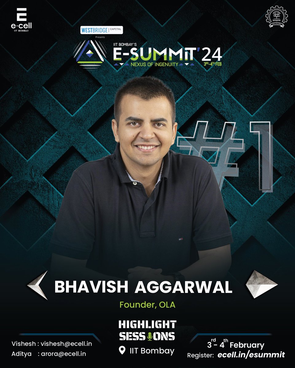 ecell_iitb's tweet photo. In the First Highlight Session of E-Summit'24 we present to you Bhavish Aggarwal, the co-founder of Ola Cabs and Ola Electric.

With 12+ years of starting his own venture, which is now working in 250+ cities across Australia, New Zealand & UK and also being included in Time magazine's 100 Most Influential People of 2018, Bhavish is the face of EV revolution in India. 

Register at https://t.co/rKCls2UXWQ to get a chance to interact with the renowned IITB Alumni!

#iitb #ecell #founder #unicorn #highlight #business #startup #innovation #india #ecell #esummit #growth