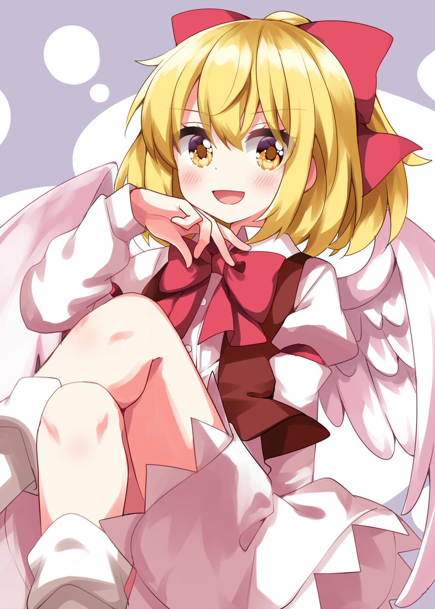 1girl blonde hair wings bow solo yellow eyes red bow  illustration images