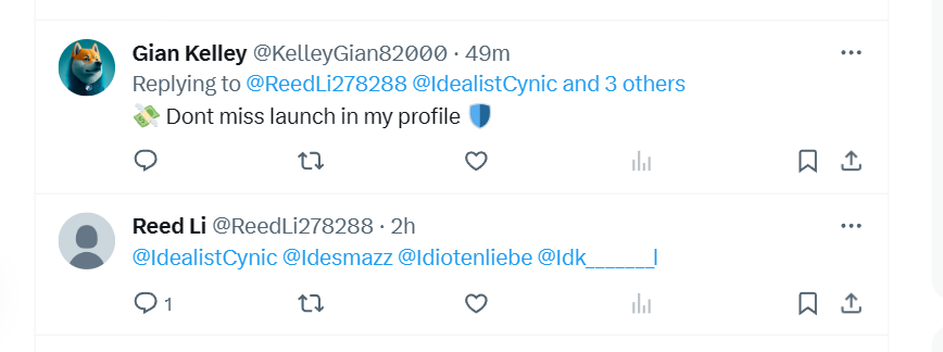 IdealistCynic's tweet photo. The one-two punch of some random spambot in your mentions, followed up by some statement with "launch in my profile" from another rando. Report and block all of them. #CryptoSpam https://t.co/rK9RAY9SA6
