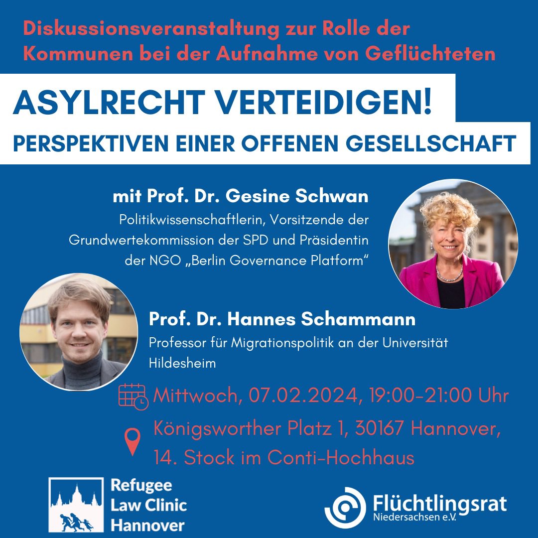 rlchannover's tweet photo. Kommunen spielen eine wichtige Rolle bei der Aufnahme von Geflüchteten. Viele klagen, mit den Herausforderungen alleingelassen zu werden, und fordern mehr Hilfe. Darüber sprechen wir mit Prof. Dr. Gesine Schwan und Prof. Dr. Hannes Schammann und laden euch hierzu herzlich ein! https://t.co/N1ykIdwATA