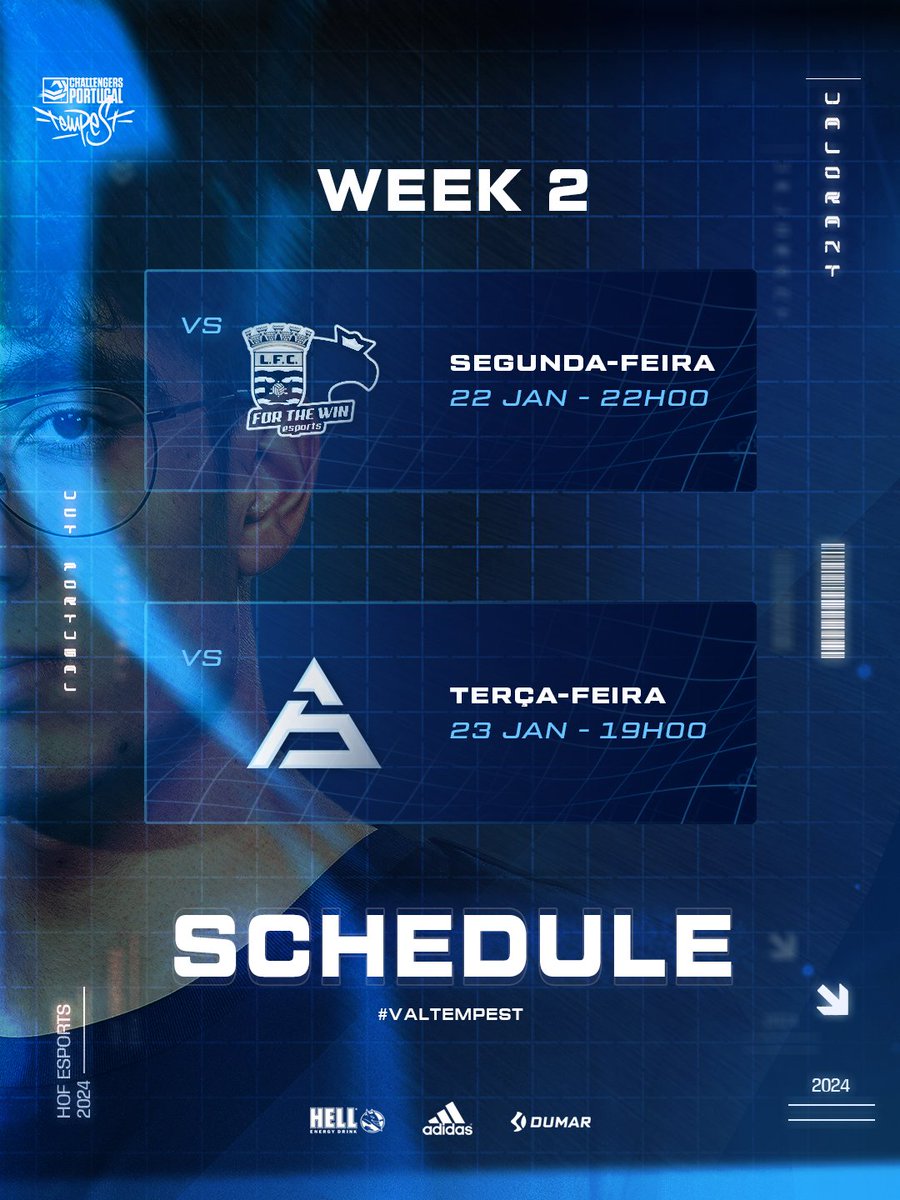 🔵Schedule⚪️

Mais uma semana, mais dois jogos para a <a href="/valleague_pt/">VALORANT Challengers Portugal: Tempest</a>!

<a href="/ftwesports/">FTW | For The Win Esports</a> x <a href="/LecaFCEsports/">Leça FC Esports</a> - 🗓️22.01 - ⏰22:00

<a href="/sawggofficial/">SAW</a> -🗓️23.01 - ⏰19:00

#GOHOF #VALTempest