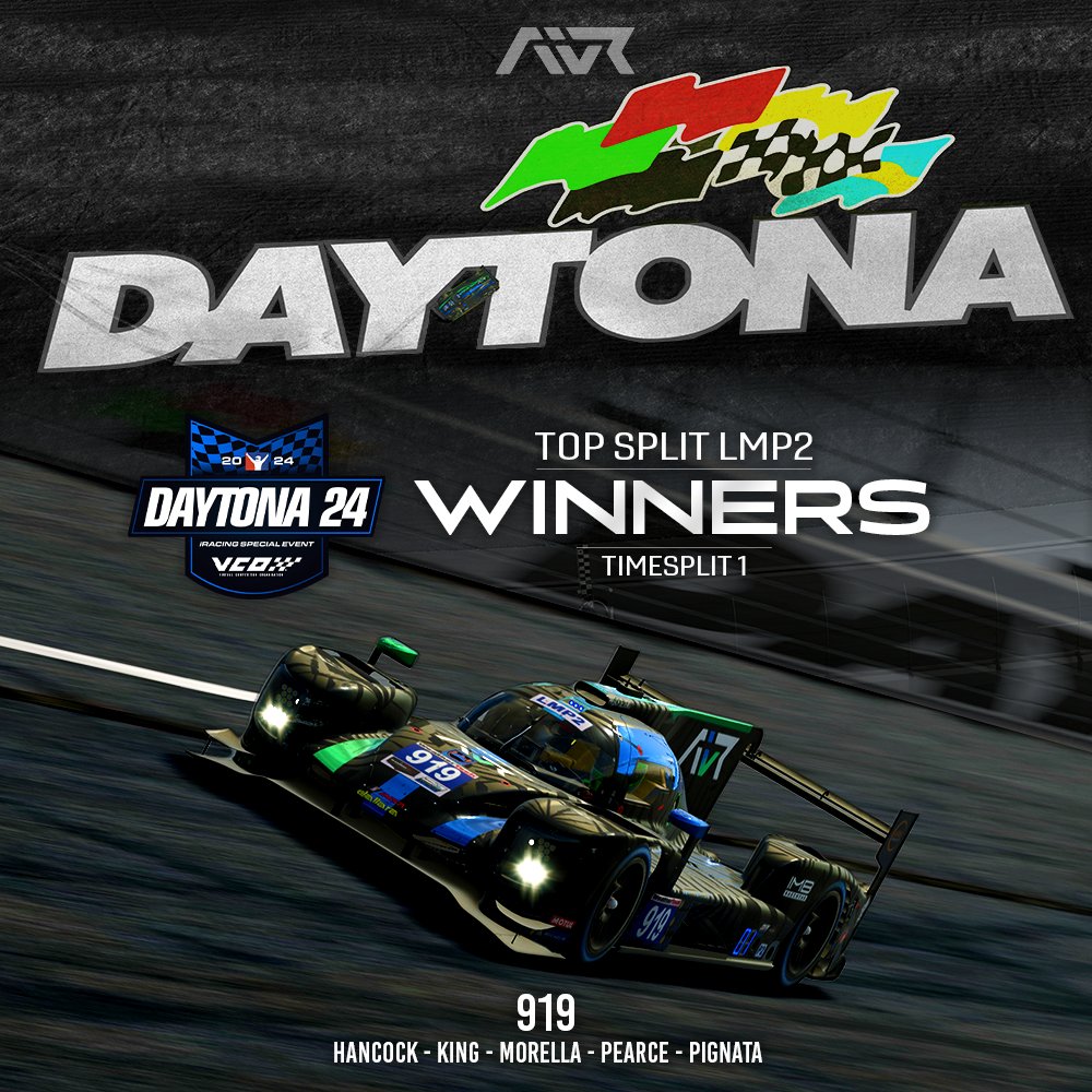 / / LMP2 WINNERS / /

Congratulations to the No.919 LMP2 for winning the iRacing Daytona 24hr in the Top Split of time slot 1.

A fantastic race with all the drivers putting in the hard work practicing for the race and sacrificing sleep for the win.

An unfortunate DNF for the
