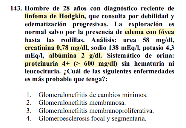 justtmar's tweet photo. Preg 143. Muy bonita e ilustrativa de lo que es un síndrome nefrótico. Todas las opciones pueden darlo. Puede oler a trampa porque la ECM es de niños en el MIR, pero suele ser 2ª a neoplasias hematológicas y dar un nefrótico MUY florido, como este.
¿✅? Yo marcaría la opción 1. https://t.co/NZZjtojVfZ