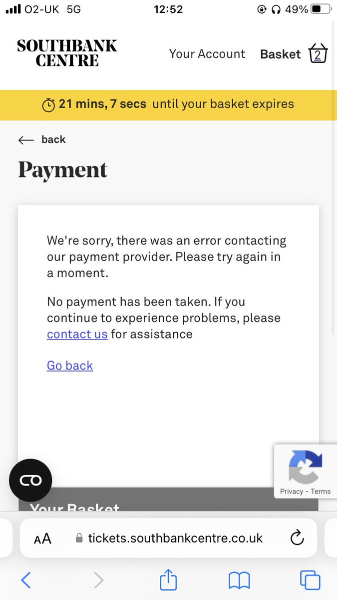 binahcooper's tweet photo. @southbankcentre hiya, trying to buy some tickets and keep getting to this screen when I try to pay. Please can you help? https://t.co/xjciWILQIk