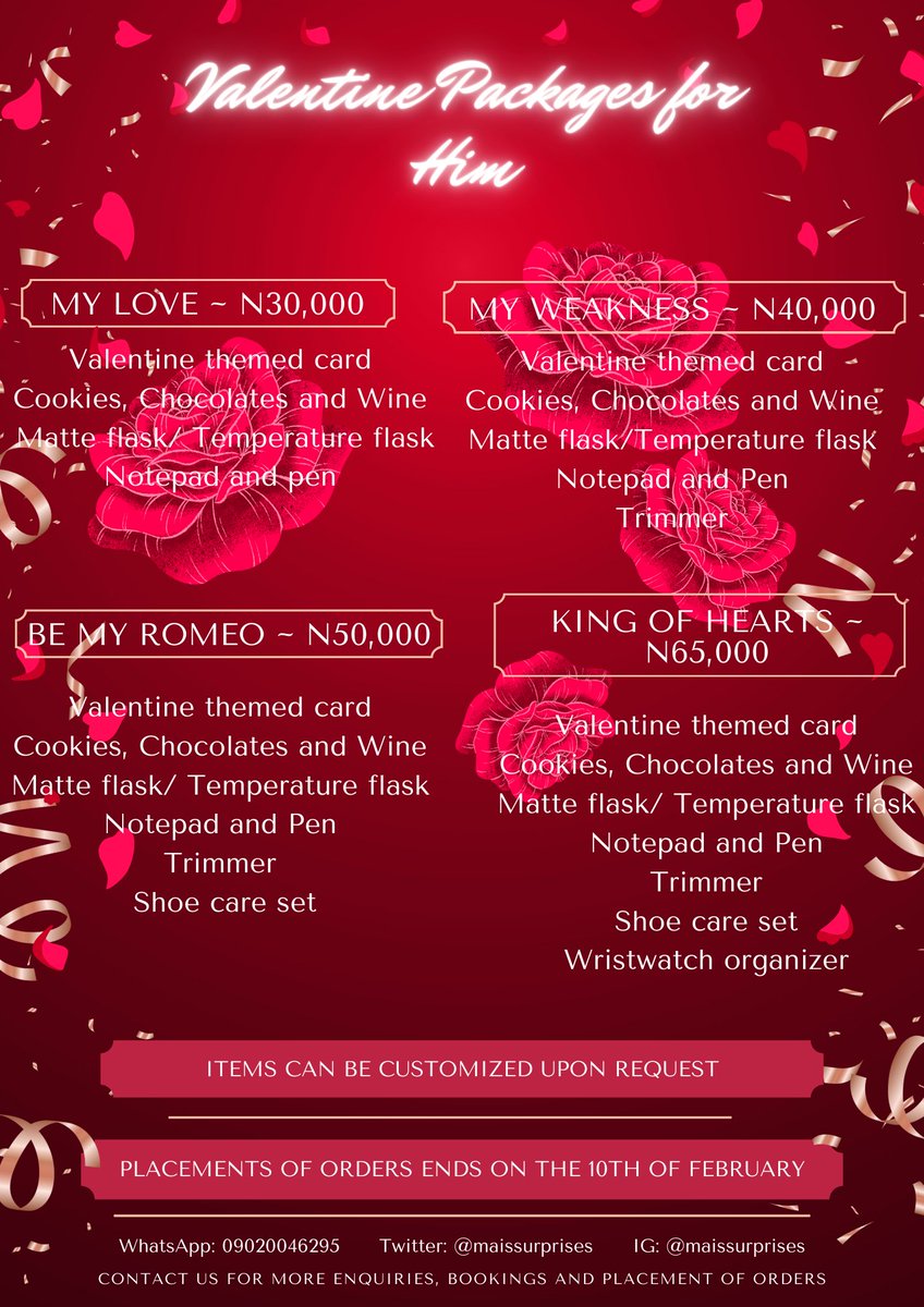ms_maizie's tweet photo. Valentine packages are officially out  @maissurprises and we have started taking orders. 

Kindly send a dm through any of the social media platforms on the flier to cop yours. 

Please RETWEET 
Thank you ☺️🙏🏾 https://t.co/t9eLBzfFq5