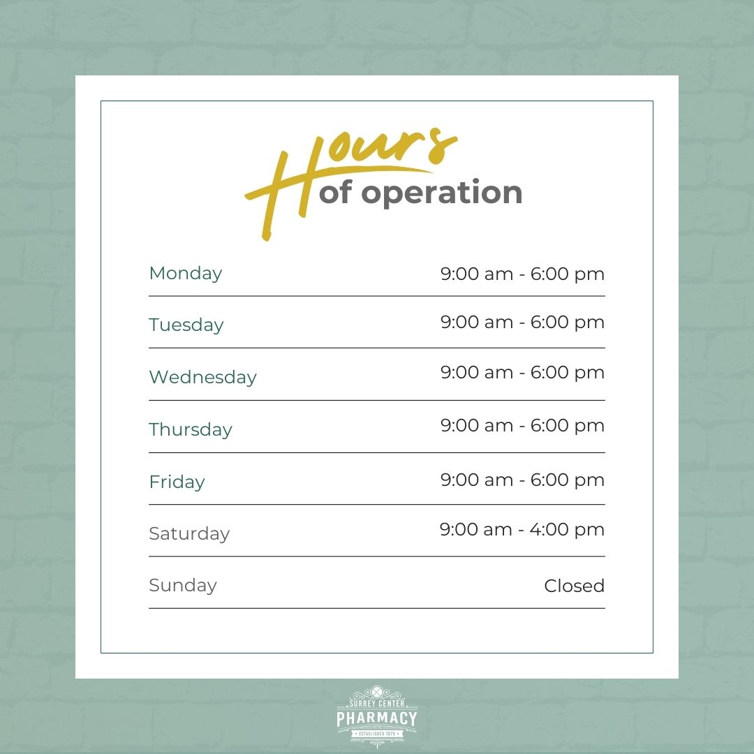 Plan your visit with ease! 🏬 ⏰

Check out our hours of operation and make the most of your time with us. We're here to serve you! 

#HoursOfOperation #ConvenienceMatters #VisitUs #SurreyCenterPharmacy #AugustaGA #AugustaPharmacy