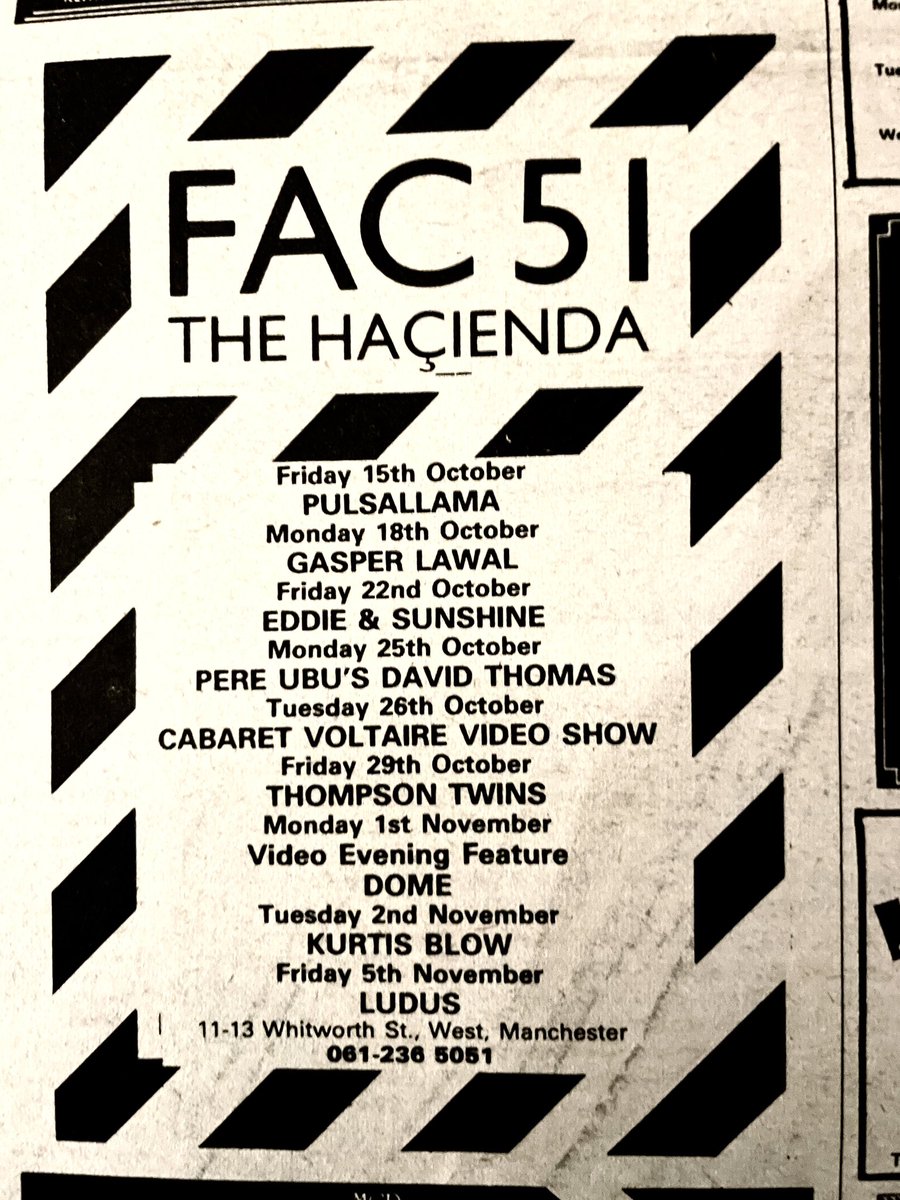 Hacienda gigs, including ‘Cabaret Voltaire Video Show’. Ad in New Musical Express, 16 October 1982.