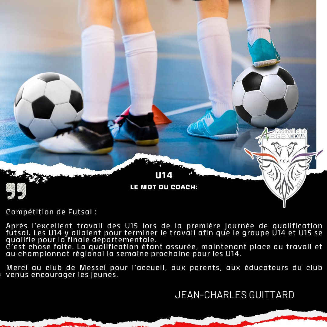 Ce week-end, les U14, nos représentants uniques sur les terrains ont brillé lors du Challenge Futsal à Messei. Cette performance  leur a ouvert la porte de la finale départementale ! 
Une fierté pour notre club et une étape importante pour nos joueurs. 🖤🤍