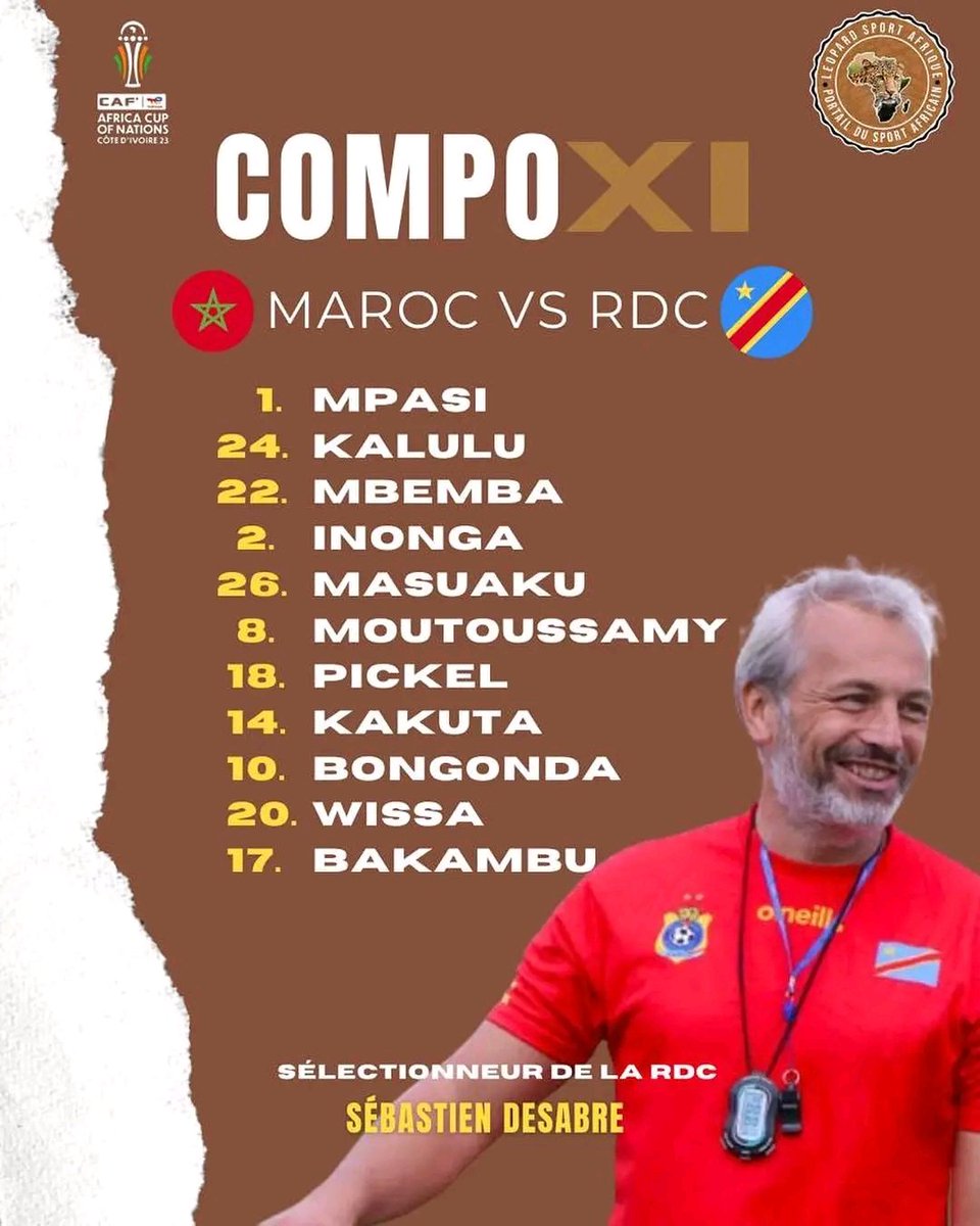reporter243's tweet photo. #CAN2020: Voici Le 11 de départ choisit par le sélectionneur Sébastien Desabre pour affronter le Maroc.
Le technicien français a conservé la même équipe qui avait débuté face à Zambie. https://t.co/XGsj0cjqNL