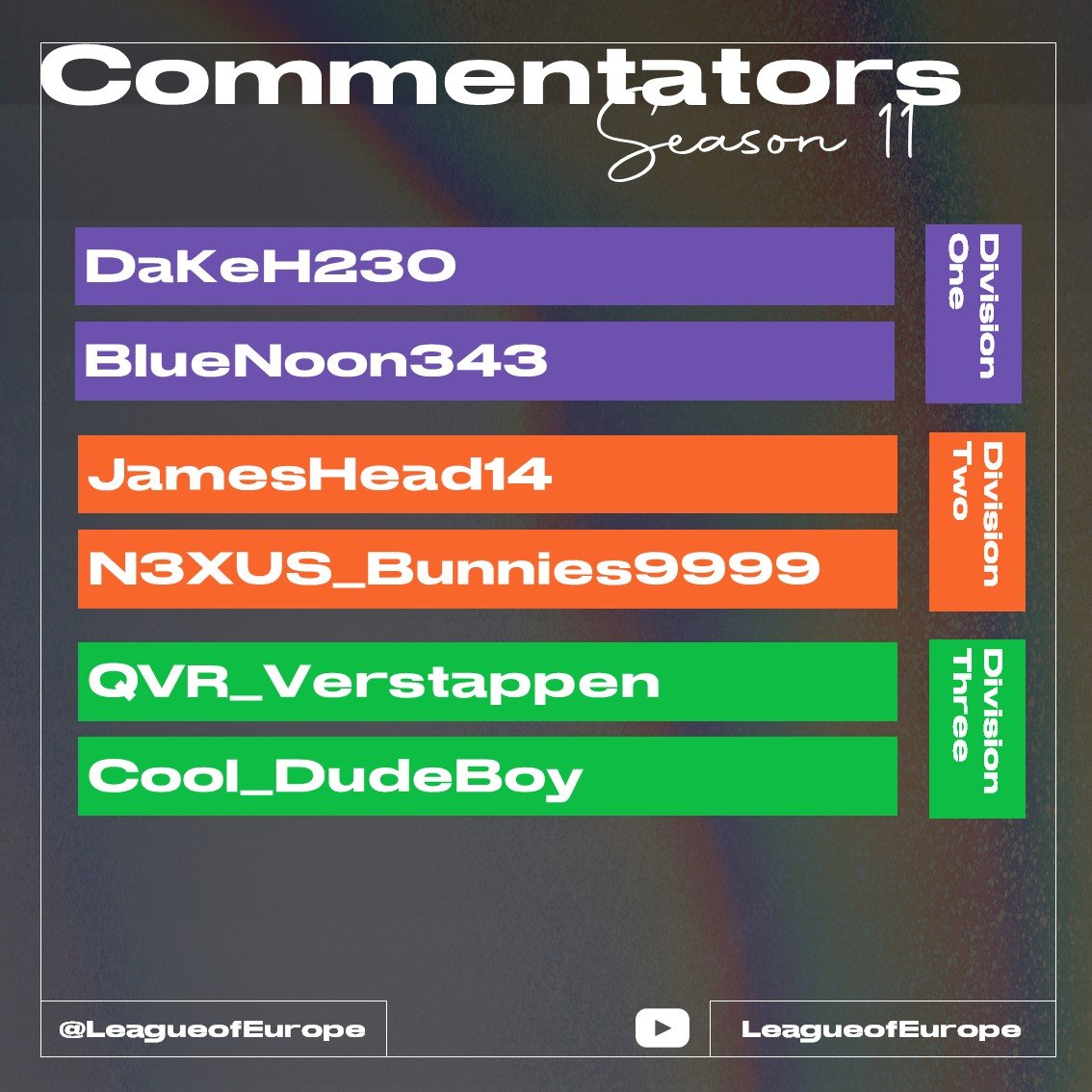 Starting off with our Commentators for this season🎙️

Old names, returning names, and new names make up an exciting Season 11 lineup!