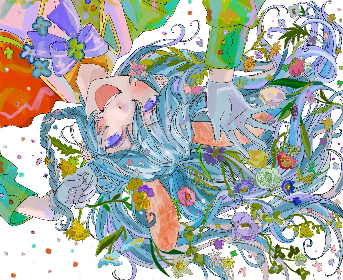 1girl solo gloves animal ears flower blue hair long hair  illustration images