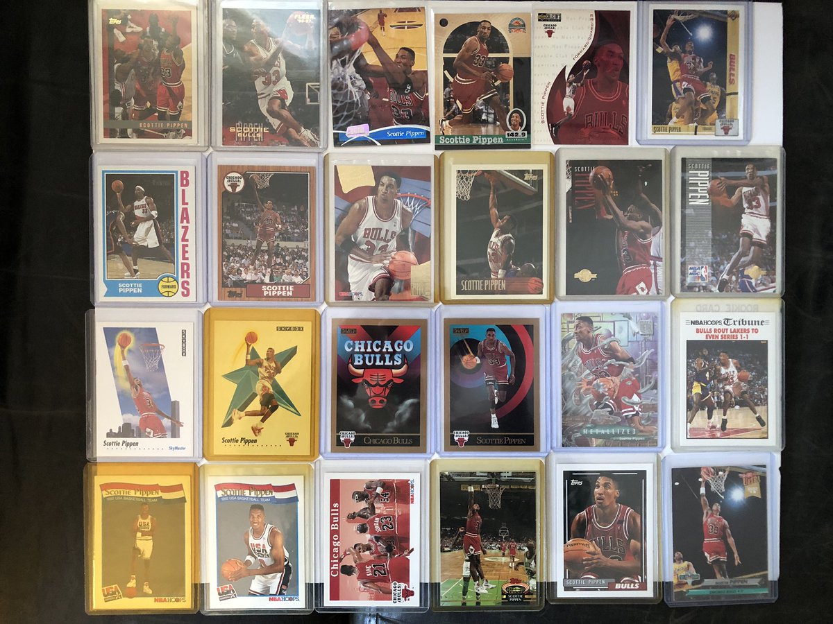 thatphotoguy007's tweet photo. Looking to sell or trade a collection of Scottie Pippen cards including his rookie. $60 shipped. Every card you see. If interested in trading I collect Ohtani, Y Alvarez, Griffey or cool modern vintage. https://t.co/OgiDipVNtJ