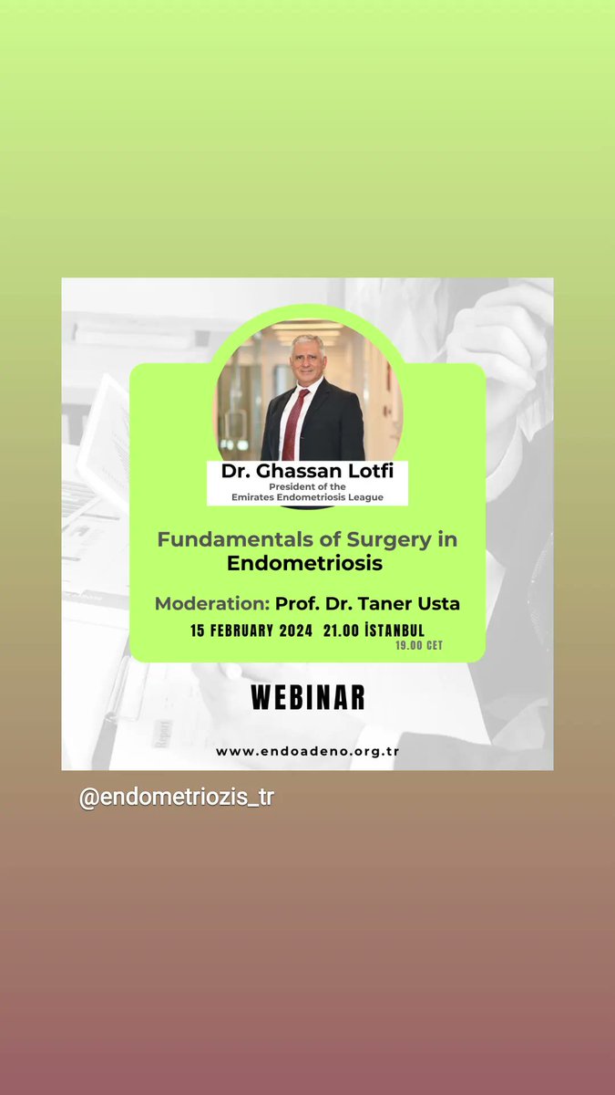 Prof. Dr. Taner Usta oderatörlüğünde 15 Şubat 2024 saat 21.00'de Dr. Ghassan Lotfi ile yapılacak "Fundamentals of Surgery in Endometriosis" konulu webinara katılımınızı bekliyoruz. 

katılım linki bio'dadir.