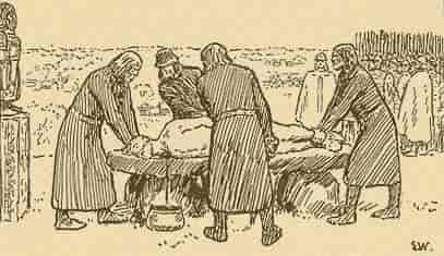 vikinghistoric's tweet photo. Human sacrifice in the #Viking age? Certainly.

In the context of Norse #blót rituals is mentioned in historical texts and may be interpreted from archaeological findings. Such practices likely occurred and could have involved prisoners or slaves, as well as high-ranking individuals. 

Kings were held accountable for both good and bad years, thus could be sacrificed in dire times. The Ynglinga saga recounts how King Domalde was sacrificed for good harvests, and King Olav Tretelgja for causing famine. 

An account from the Jomsvikinga saga tells of Earl Håkon offering his son to the gods for victory. These narratives, supported by Adam of Bremen's writings on the Uppsala blót, suggest that both animals and humans were sacrificed, sometimes by hanging in a sacred grove.

🖌️The sacrifice (blót) of King Domalde. Erik Werenskiold.
