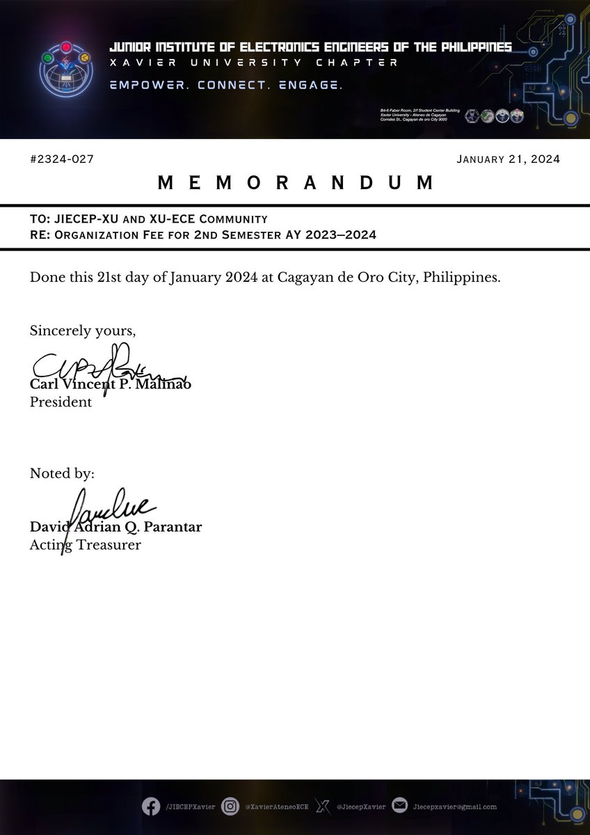 JIECEPXavier's tweet photo. [READ]

Memorandum 2324-027: Organization Fee for 2nd Semester AY 2023–2024

JIECEP-XU Memoranda: https://t.co/oXgtiJpDL0 https://t.co/nwwL5MQjwN