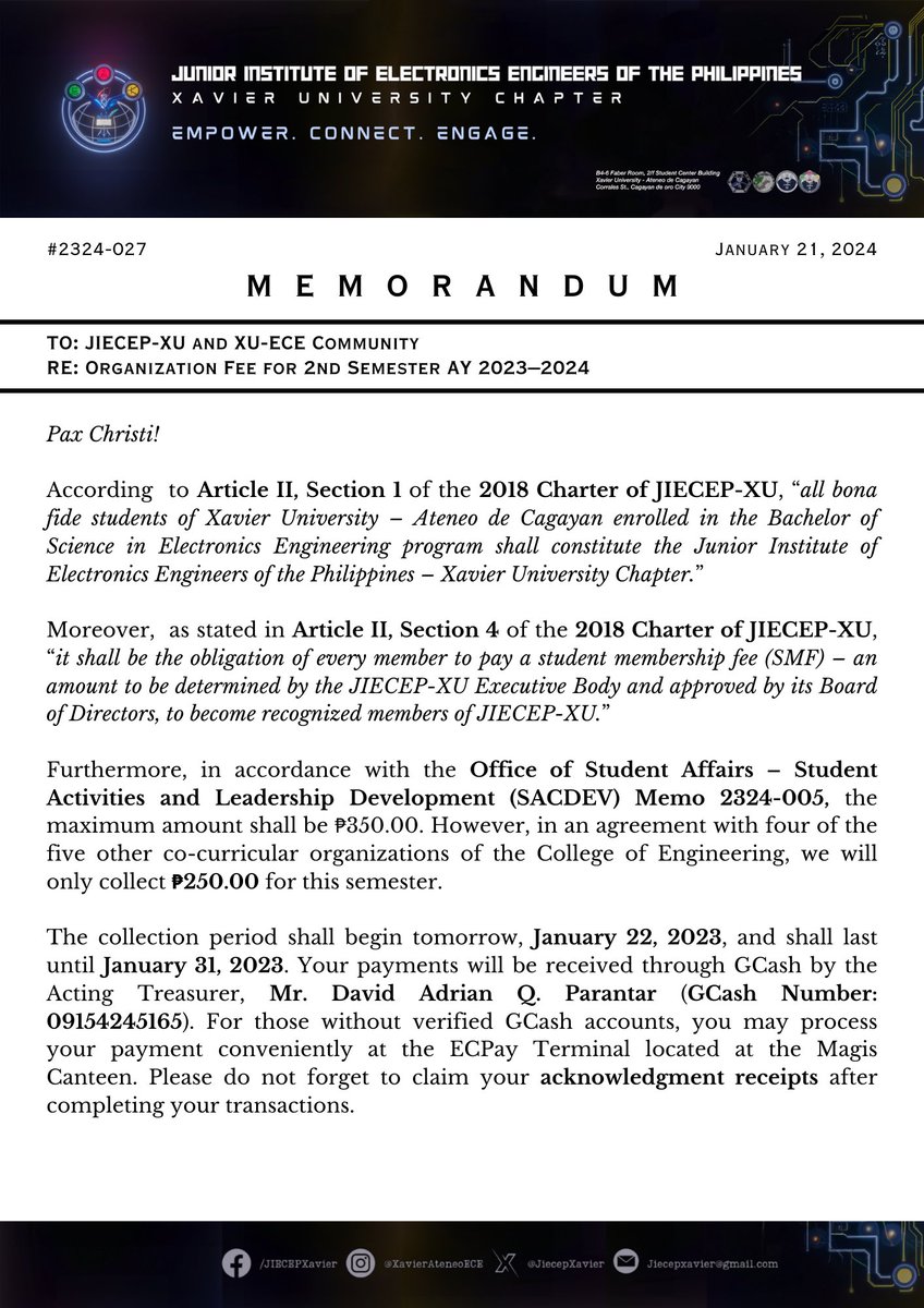 JIECEPXavier's tweet photo. [READ]

Memorandum 2324-027: Organization Fee for 2nd Semester AY 2023–2024

JIECEP-XU Memoranda: https://t.co/oXgtiJpDL0 https://t.co/nwwL5MQjwN