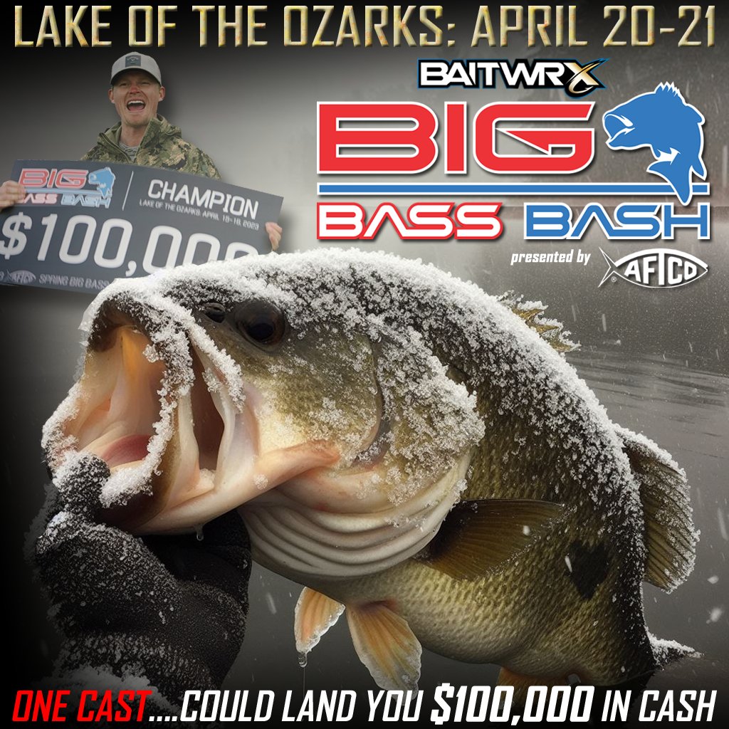 Bigbassbash's tweet photo. The 2024 BaitWrx Spring Big Bass Bash, presented by @AftcoFishing, is coming soon.
Join us at Lake of the Ozarks on April 20-21, someone will walk away $100,000 richer. 
Check it out at https://t.co/sMMTCBdNkW https://t.co/BJrTYmKxEQ