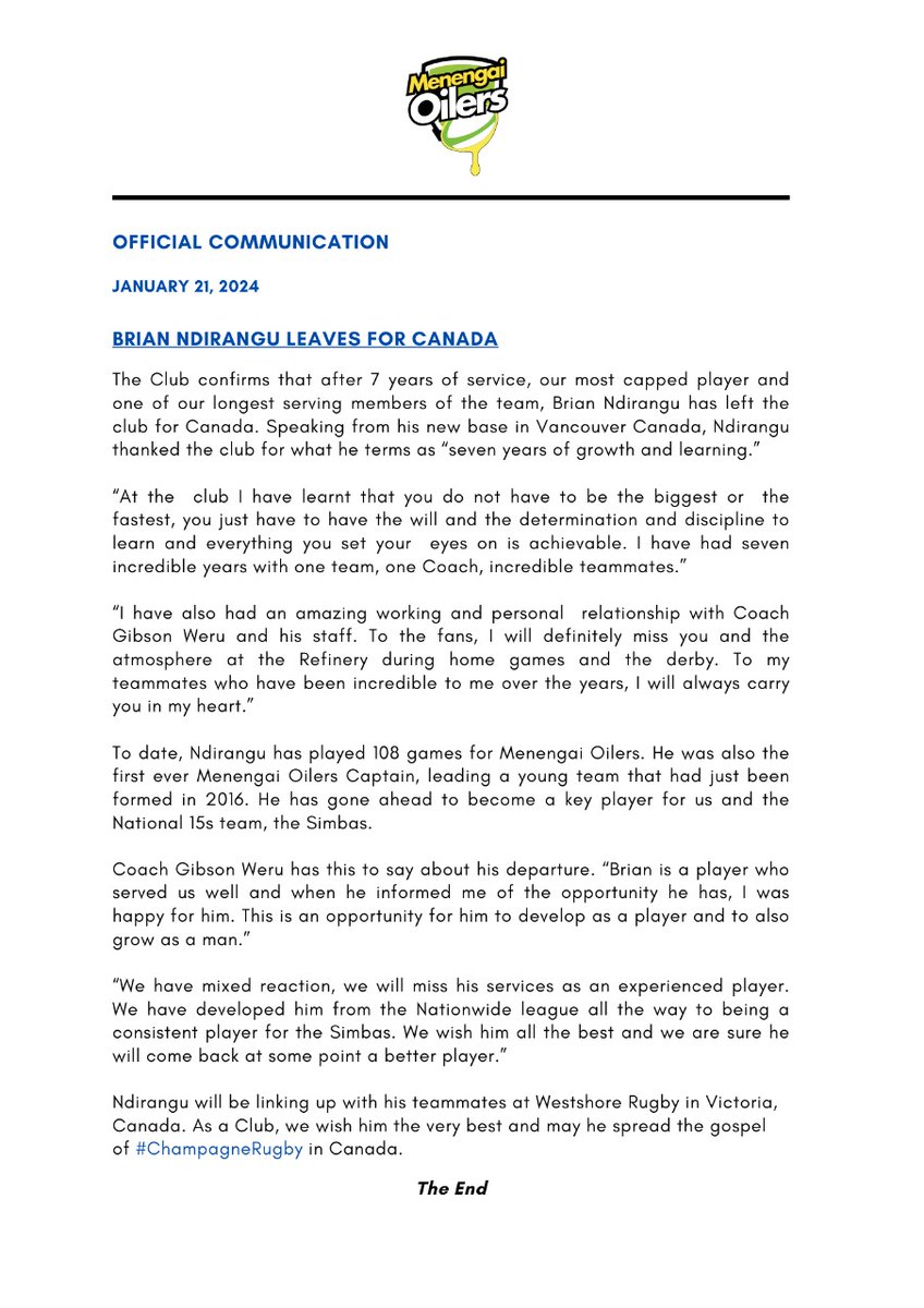 MenengaiOilers's tweet photo. Official: Brian Ndirangu leaves the club after 7 years of service. https://t.co/Ug4FQratwH