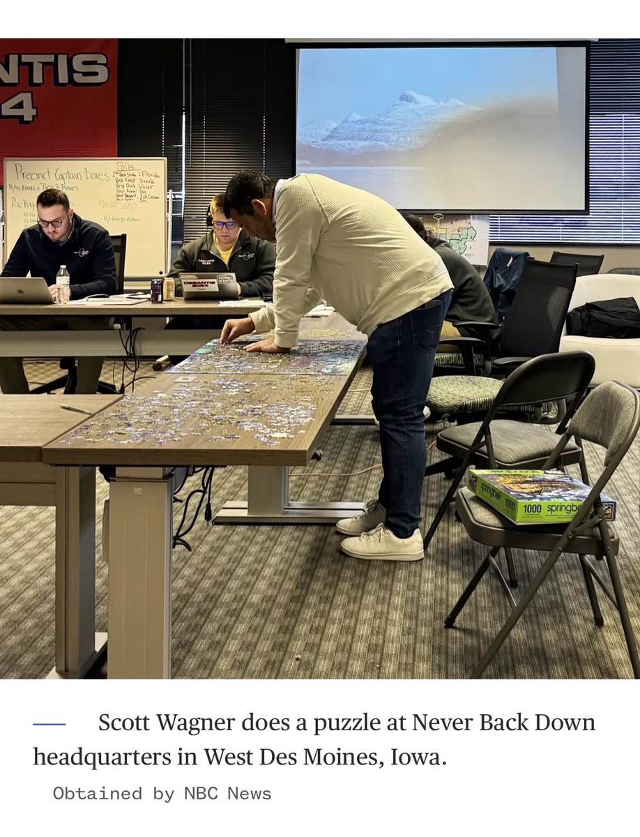 NEW — In the critical week before Iowa, the head of Never Back Down was doing something puzzling: Spending hours on jigsaw puzzle at HQ. A deep look at how DeSantis’ bid was doomed from the start by @Mdixon55 @DashaBurns @akarl_smith @_abigailbrooks nbcnews.com/politics/2024-…