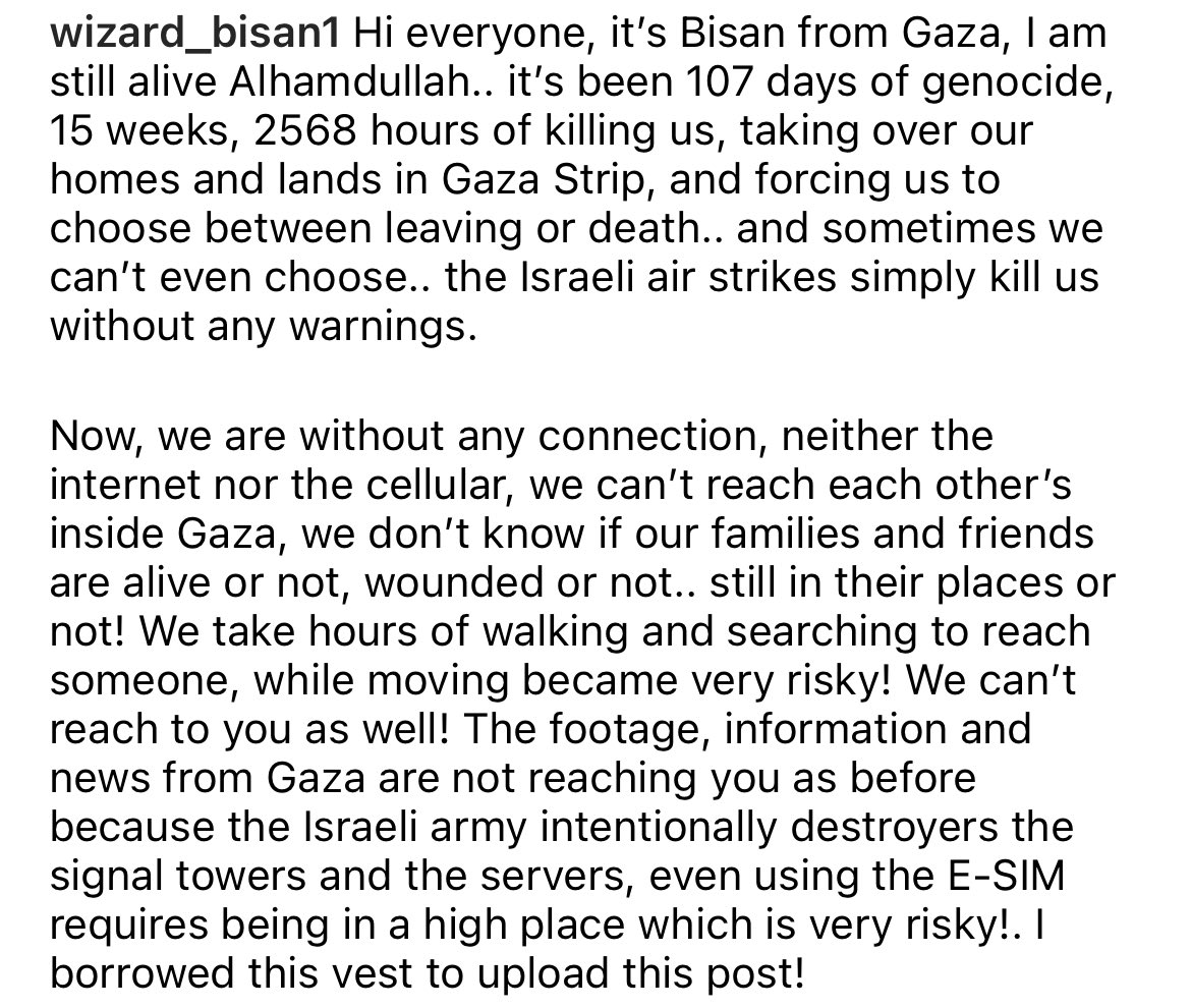bbambied's tweet photo. reminder to keep talking about Gaza. there’s a reason why Israeli forces are destroying signal towers. don’t underestimate the power in spreading information even if its just a repost https://t.co/NXroKG1qYB