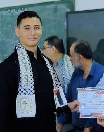 This is 17 year old Khader Zomlot. He was killed yesterday by Israel in an airstrike on his family home in Gaza. Khader is the son of my father’s niece Amal. He was a high school student, exceptionally bright, and wanted to become a scientist. His mother told us “they took my