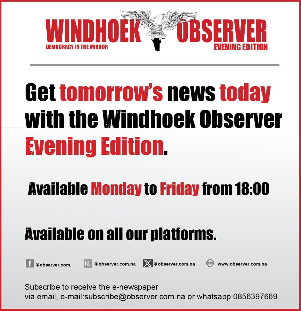 ParagonNamibia's tweet photo. Tomorrow’s news today.
#ParagonMedia 
#WindhoekObserver https://t.co/O9hpOAtiCF