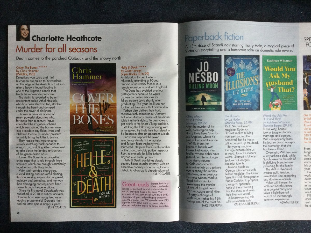joncoates73's tweet photo. Here are my latest reviews of the brilliant new thrillers by #ChrisHammer and @OskarCoxJensen with colleagues’ reviews of paperbacks by #JoNesbo @LondonBessie and @kathleenwhyman1 in today’s #SundayExpress magazine. #buyapaper #buyabook https://t.co/tIeL23dPBl