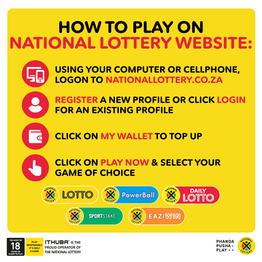 How to PLAY on the National Lottery website: 1. Using your computer or cellphone, log Into bit.ly/38rdf6t. 2. Register a new profile or click login for an existing profile. 3. Click on my wallet to top up. 4. Click on PLAY NOW & select your game of choice.