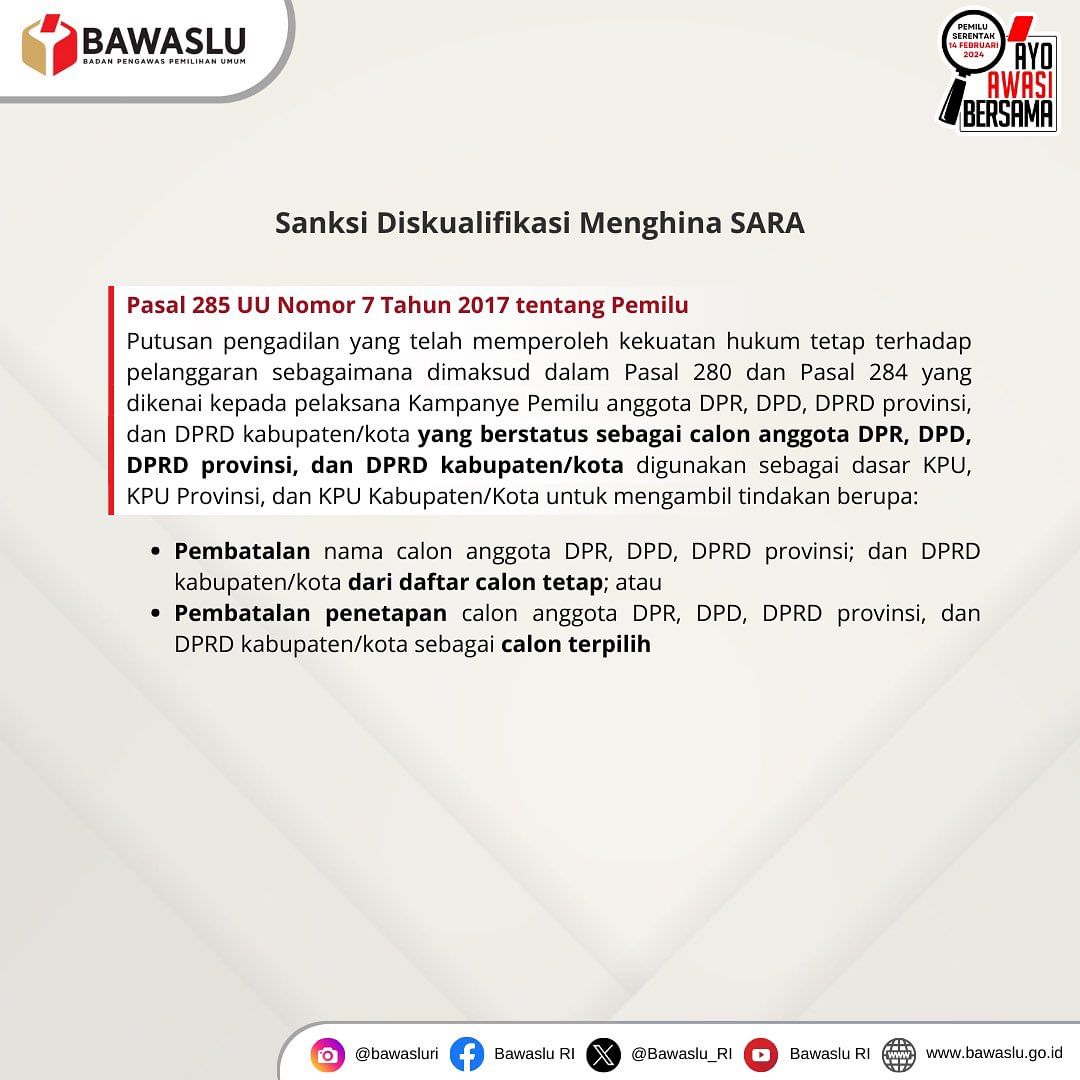joyce16889's tweet photo. Dampak yang ditimbulkan dari isu SARA, yang berupa ujaran kebencian dapat menghambat proses pemilu.  Apa saja sih sanksi kampanye singgung isu SARA? 
#StopIsuSara
#AyoAwasiBersama
#PemiluSerentak2024
@BawasluRI
@BawasluKepri
@BawasluBatam https://t.co/RQ8i8OuAWJ