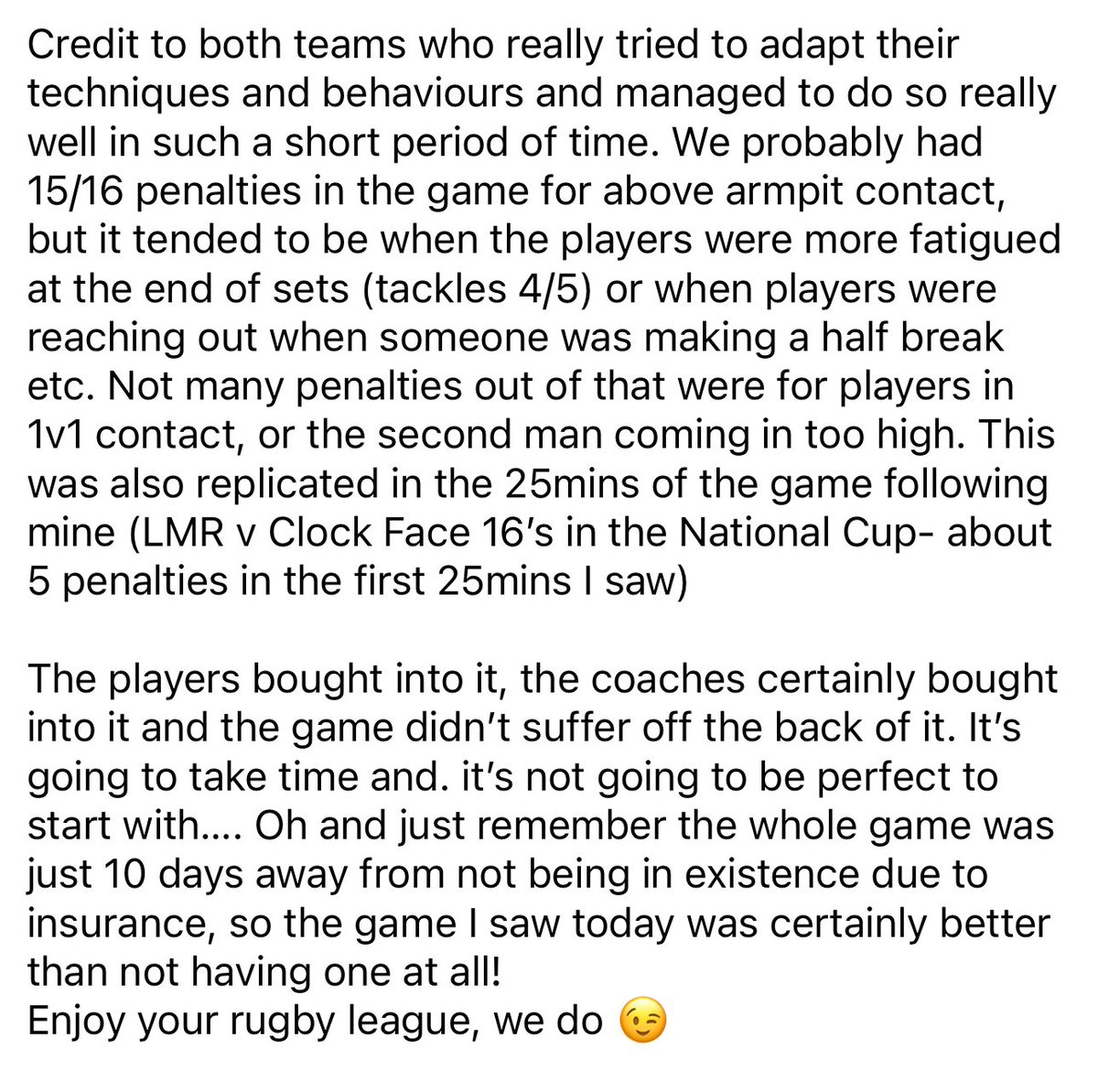 Had my first experience of refereeing the new tackle height rules this morning at Leigh Miners v Latchford u18’s. Thought I would put a few comments down as there’s a few negative Nelly’s knocking about on social media today trying to get some negativity stirred on their accounts