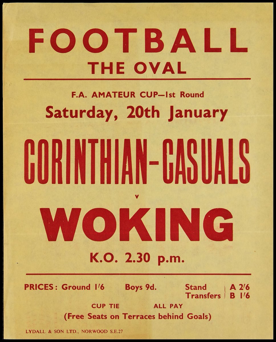 On 6 February, we face @wokingfc in the Surrey Senior Cup, giving us the perfect opportunity to roll out this beautiful old poster from the archive. This was from an FA Amateur Cup tie in 1962, in the latter days of our period playing home games at The Oval. #footballheritage
