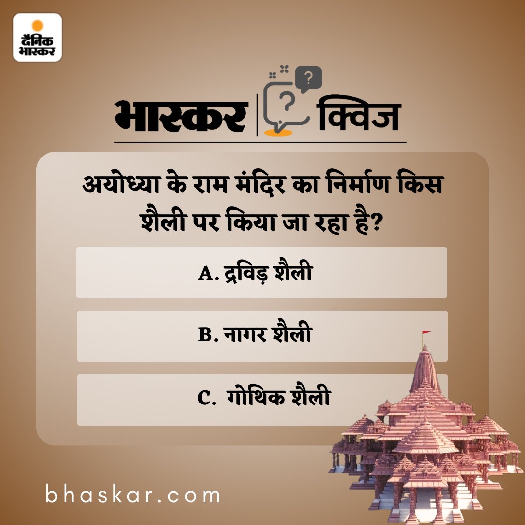 DainikBhaskar's tweet photo. #BhaskarQuiz में बताएं, अयोध्या के राम मंदिर का निर्माण किस शैली पर किया जा रहा है?

#Ayodhya #RamMandir #PranPratishtha 

घर बैठे करें भगवान श्रीराम के वर्चुअल दर्शन और जलाएं श्रीराम ज्योति- https://t.co/jdS6j4TEKq https://t.co/eXiWJg59bm