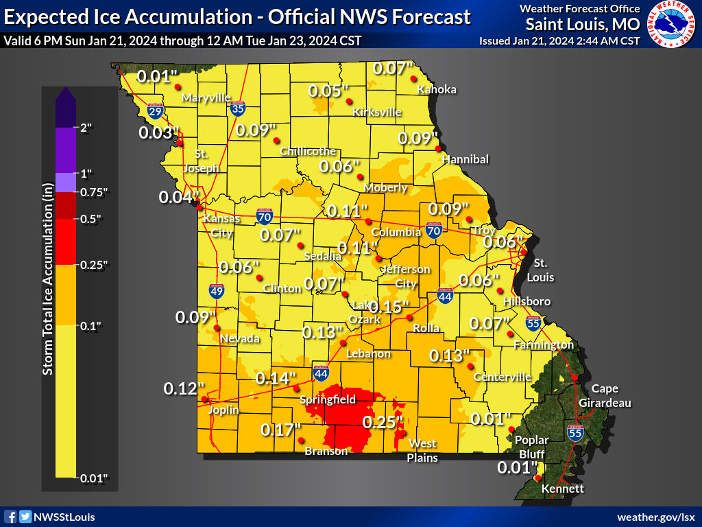 ⚠️ Widespread freezing rain is expected Monday with the greatest accumulations along the I-44 corridor into east central MO. Untreated roads will likely accumulate ice quickly, making for a hazardous Monday morning commute. Please be alert and adjust travel accordingly! #MoWx