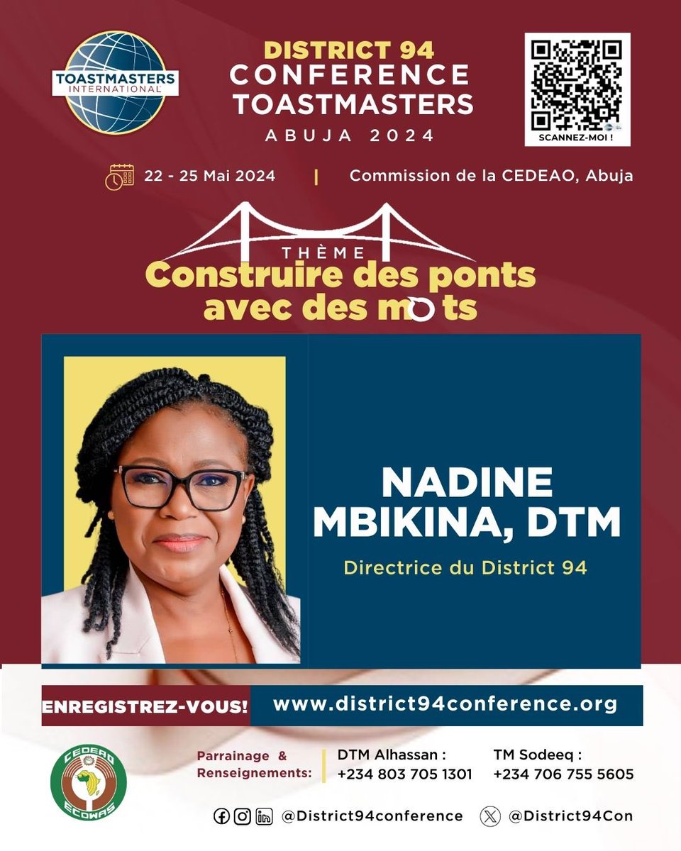 Savez-vous que vous pouvez CONSTRUIRE DES PONTS AVEC DES MOTS ? 

Rejoignez la plus grande rencontre de dirigeants d’Afrique en mai 2024 ! 

Rencontre: NADINE MBIKINA, DTM
 
Inscrivez-vous ici : 👇🏽 

district94conference.org

Mercy George-Igbafe 
Directeur Marketing Digital, D94