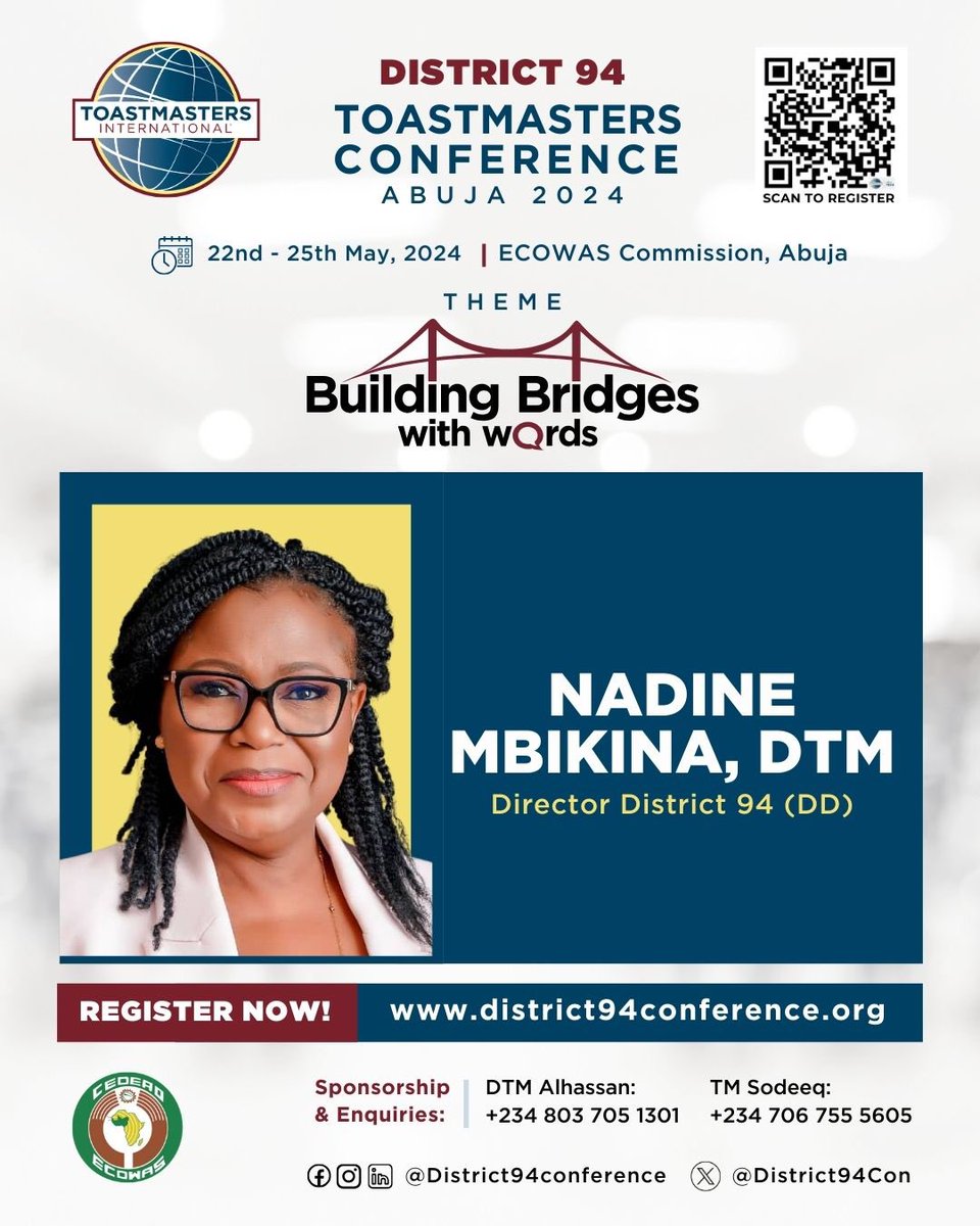 Do you know you can BUILD BRIDGES WITH WORDS? 

Join the greatest meetup of leaders across Africa in May 2024! 

Meet: NADINE MBIKINA, DTM

Register Here: 👇🏽

district94conference.org

Contact Us: bit.ly/District94

Mercy George-Igbafe 
Lead, Digital Marketing