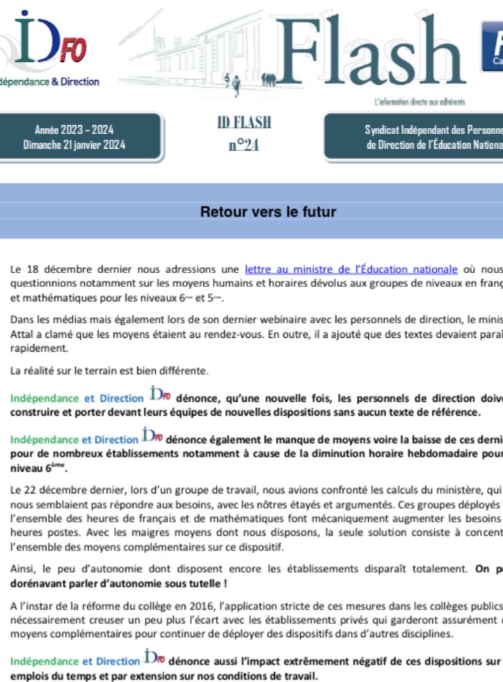 Chocs des savoirs ⁦⁦<a href="/IDFONational/">Indépendance & Direction  - FNEC-FP-fo</a>⁩ dénonce des moyens insuffisants, l’absence de textes de référence et  alerte sur les conséquences de la mise en œuvre de cette réforme sur le fonctionnement des collèges en particulier les EdT         idfo.fr/index.php/2024…