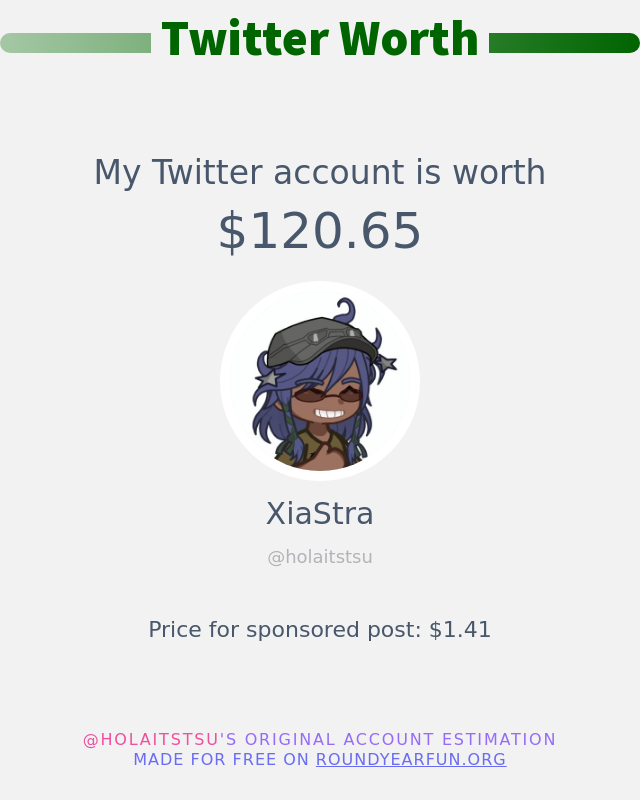 holaitstsu's tweet photo. My Twitter worth is: $120.65

➡️ https://t.co/oEgqpwKsk6 https://t.co/iBBJWx1UB0