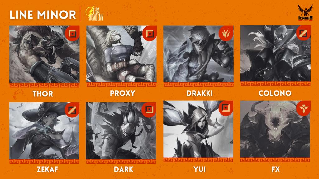 Essa será nossa Line Minor que irá nos representar disputando e copando a <a href="/LigaAcademy/">Liga Academy ⚡</a>. 🏆

Composta por:
Top: <a href="/thorzinlol/">Thor</a> &amp; <a href="/Victorprx777/">Vitão777</a>
Jungle: Drakki (sem twitter)
Mid: @kuduairo1 &amp; <a href="/zekaf_/">Bruno Rodrigues</a>
Adc: @yuimiauxdd &amp; <a href="/Darkwaderlol/">Dark</a>
Sup: <a href="/Lopesfhilipe/">I FX</a>

Vem com a gente! 👊

#FlYICARUS