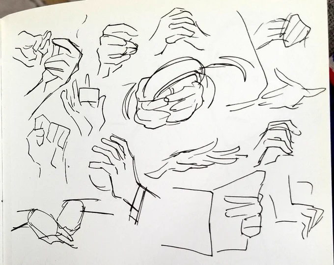 An old page of hands i drew while watching frasier lmao