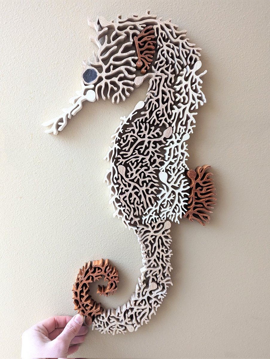I finally made this piece, "hippocampe neuronal" (neuronal seahorse). 16 #neurons cut out of Padauk, oak, poplar and maple wood. #sciart #neuroX #biology