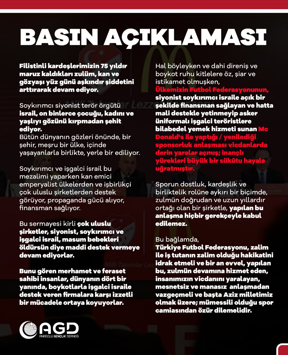 agdorgtr's tweet photo. 📍Kamuoyuna Duyurulur! 

TFF, siyonist, soykırımcıların finansal destekçisi ile yaptığı sponsorluk anlaşmasından vazgeçmeli, aziz milletimiz başta olmak üzere, mümessili olduğu spor camiasından özür dilemelidir.

#KalkveUyar
#israilGüçtenAnlar https://t.co/1suACMfmJC