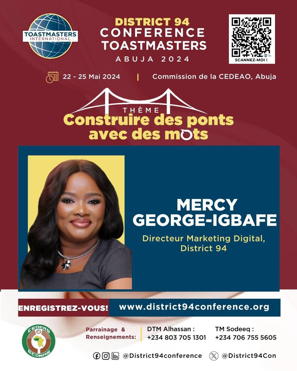 Savez-vous que vous pouvez CONSTRUIRE DES PONTS AVEC DES MOTS ? 

Rejoignez la plus grande rencontre de dirigeants d’Afrique en mai 2024 ! 

Rencontre: Mercy George-Igbafe 
 
Inscrivez-vous ici : 👇🏽 

district94conference.org
