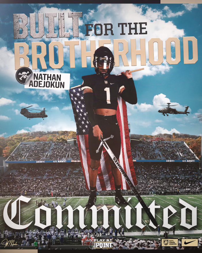 Nathan Adejokun (@adejokunnathan) on Twitter photo #AGTG After an amazing visit, I have decided to further my academic and football career at West Point Academy‼️
<a href="/ArmyWP_Football/">Army Football</a> <a href="/CoachJeffMonken/">Jeff Monken</a> <a href="/FootballMelissa/">Melissa Cardinal Football</a> <a href="/MattNally1/">Coach Matt Nally</a> <a href="/CoachPhelps11/">Christopher Phelps</a> #BeatNavy #AGTG After an amazing visit, I have decided to further my academic and football career at West Point Academy‼️
<a href="/ArmyWP_Football/">Army Football</a> <a href="/CoachJeffMonken/">Jeff Monken</a> <a href="/FootballMelissa/">Melissa Cardinal Football</a> <a href="/MattNally1/">Coach Matt Nally</a> <a href="/CoachPhelps11/">Christopher Phelps</a> #BeatNavy