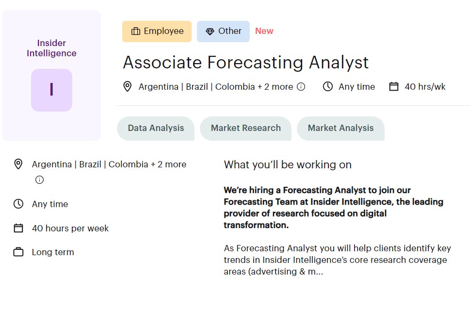 #recruiting #work #job #remote #it #argentina #brazil #colombia #mexico #romania #hotjob #opportunity
Job for @insiderintlgenc 
Associate Forecasting Analyst - $40k – 45k/yr
#Data 
#Market #Research

Apply as a Talent Here lnkd.in/d44EQdX8 fill all
lnkd.in/d44EQdX8