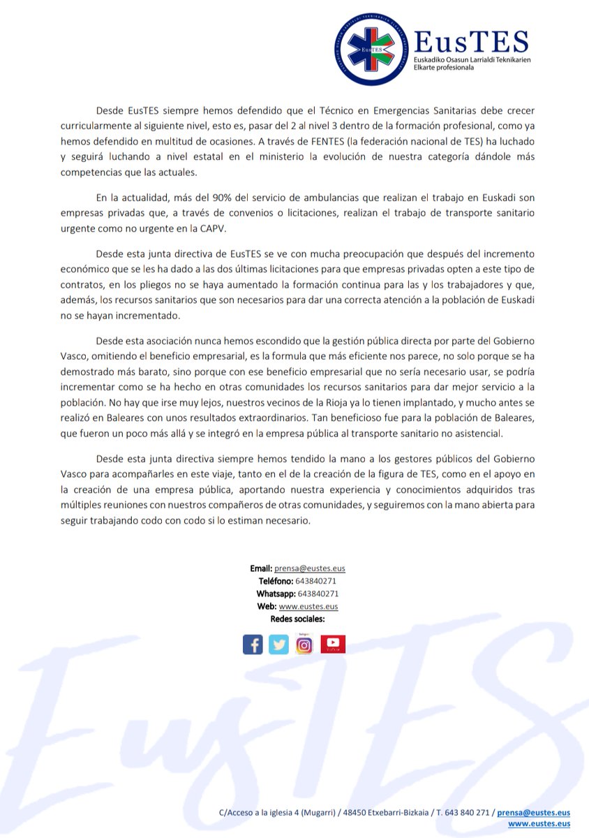 Comunicación enviada a los medios de comunicación respecto a la posición de EusTES