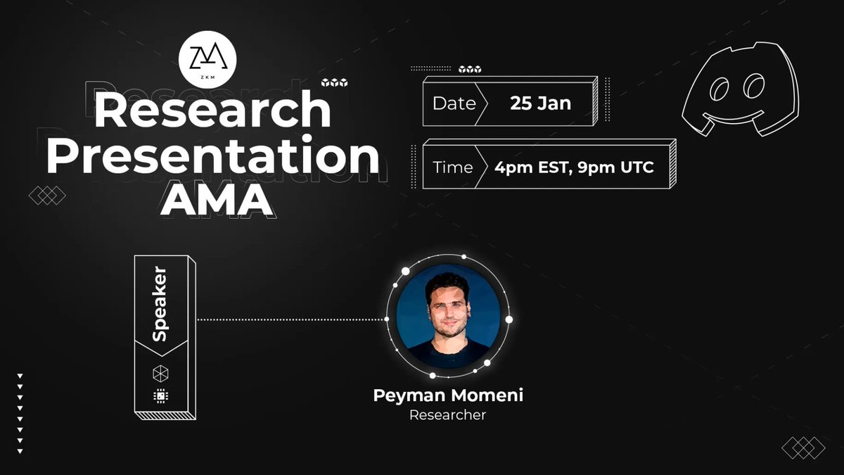 Join us this Thursday for another exciting AMA in the ZKM Discord⚡️ 

📅 Date: 25 Jan  
⏰ Time: 9pm UTC  
🎮 Place: discord.gg/K8V7uPdxZt 

One of our fabulous researchers will deliver a technical presentation and will answer your questions along the way.   

See you there!
