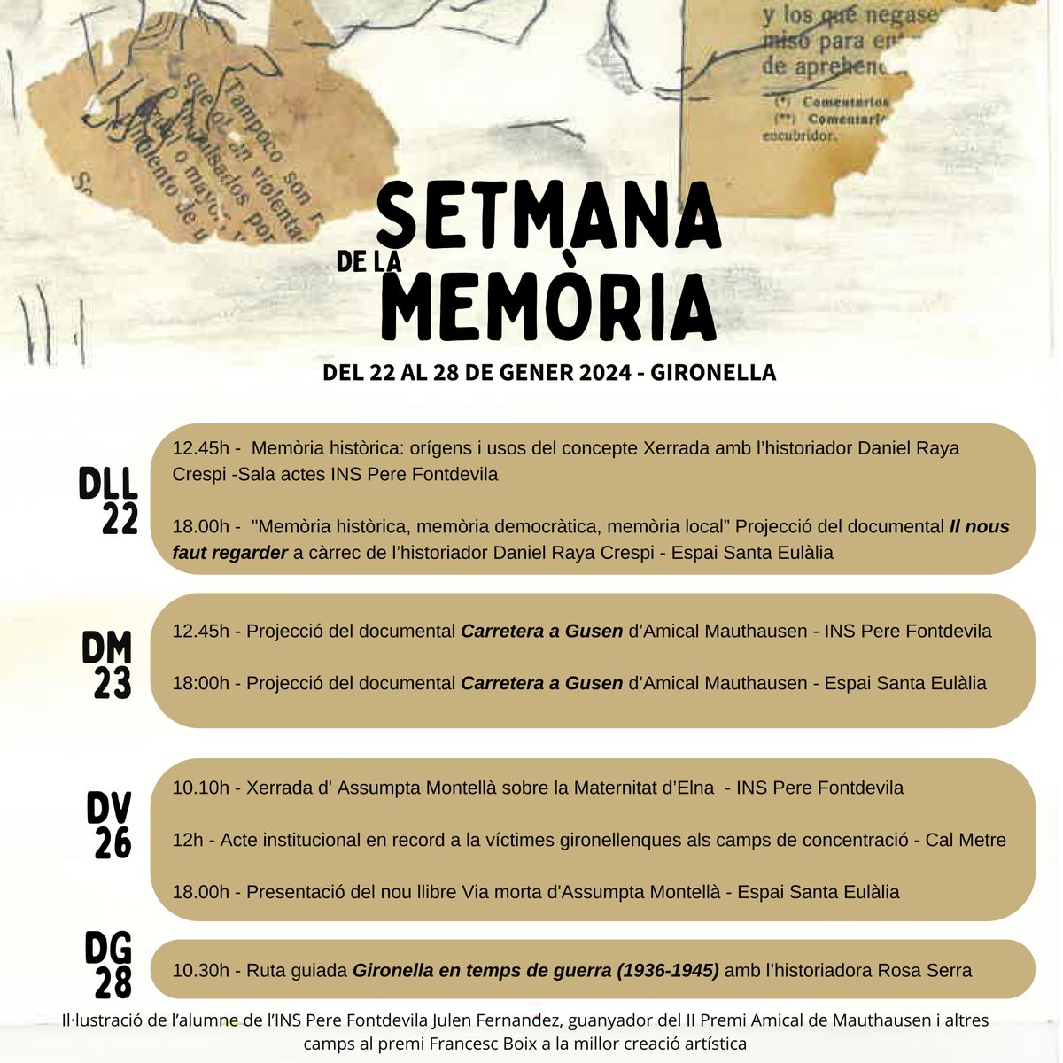 📢Gent de Gironella i voltants! Recordeu que demà comencen els actes organitzats en el marc de la "Setmana de la memòria"! 
Ens veiem demà a les 6 p.m. a l'Espai Sta. Eulàlia (aka Església Vella), on recuperarem el testimoni de dos berguedans exiliats durant la Guerra Civil.
❤️🔁