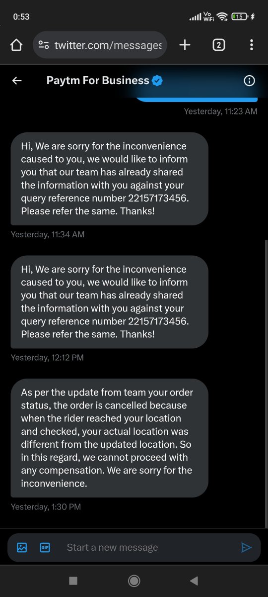 JambuMananP's tweet photo. @PaytmBusiness Attaching SCNshot of your DM here. Wt's confidential? Your 'sorry for inconvenience msg' which you don't want to see publicly? Bcoz your poor algorithm failed to catch correct location &amp; pin code?Pathetic @PaytmBusiness @DPIITGoI @consumercourtin  pls help consumers https://t.co/UMnaany0rc